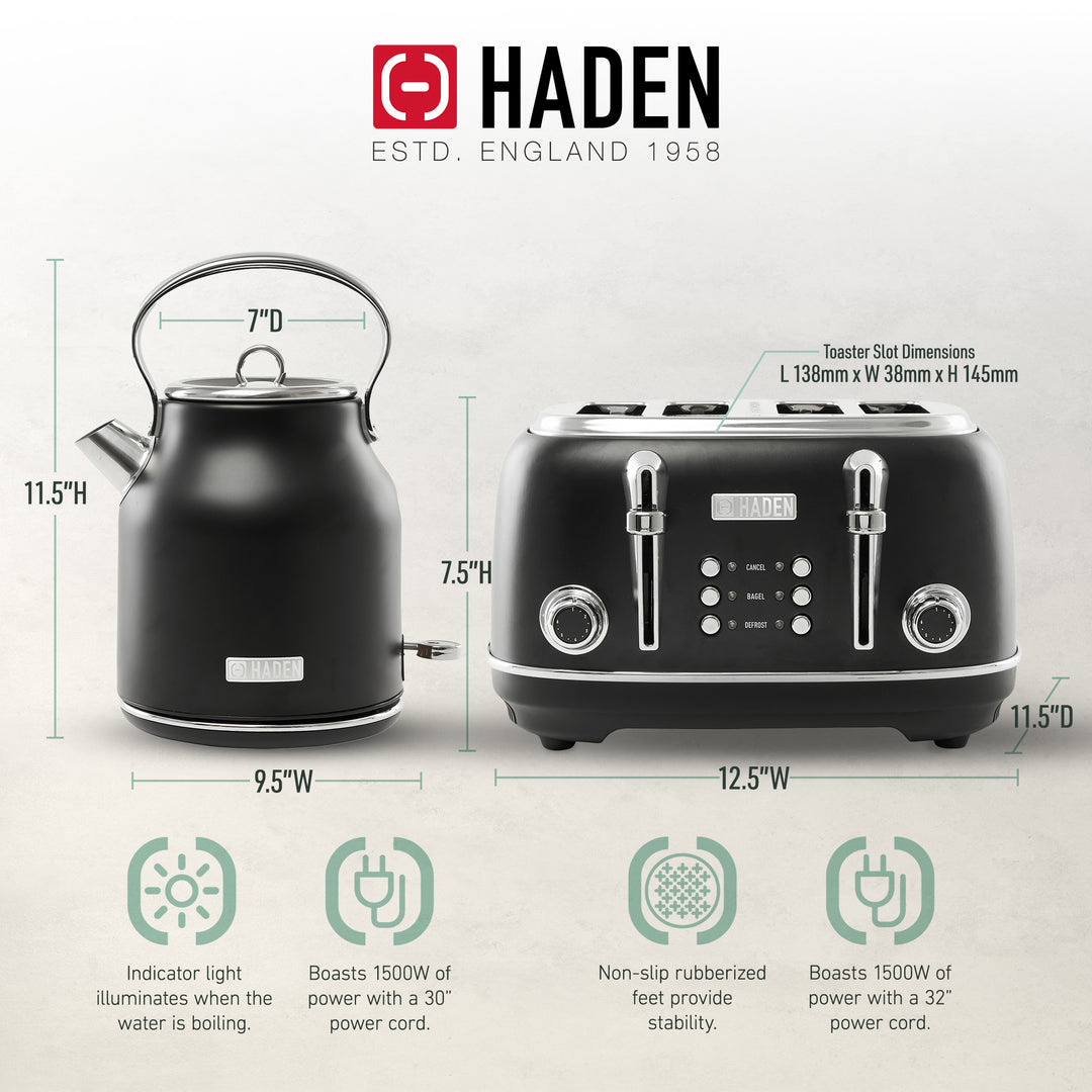 Haden Heritage 4 Slice Wide Slot Toaster & Electric Water Kettle, Black & Chrome