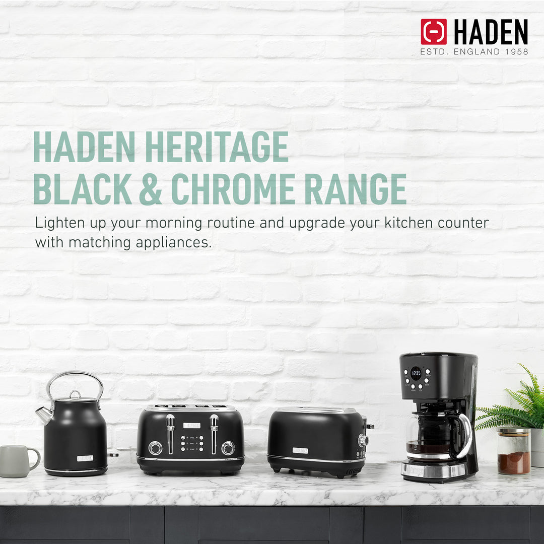 Haden Heritage 4 Slice Wide Slot Toaster & Electric Water Kettle, Black & Chrome