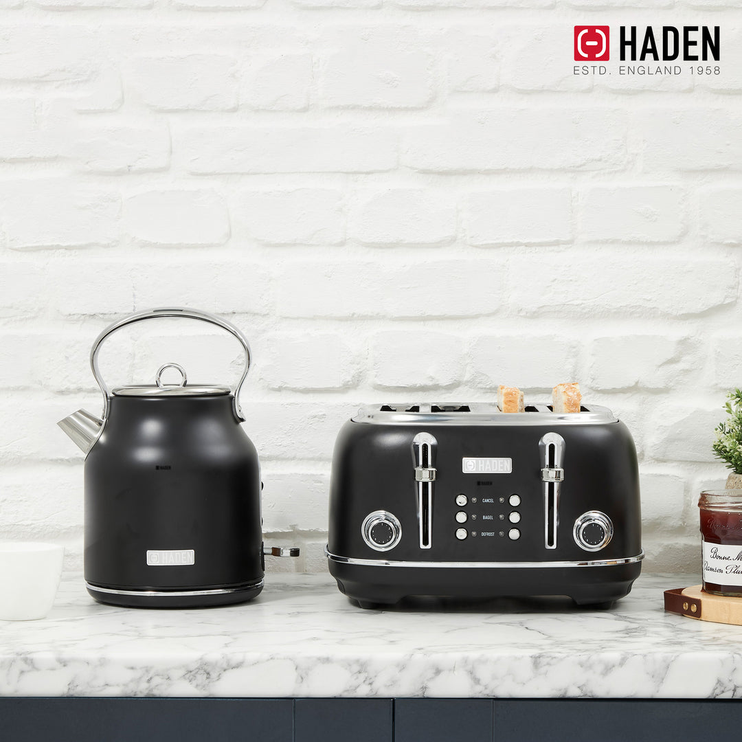 Haden Heritage 4 Slice Wide Slot Toaster & Electric Water Kettle, Black & Chrome