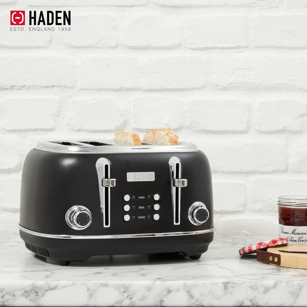 Haden Heritage 4 Slice Wide Slot Toaster & Electric Water Kettle, Black & Chrome