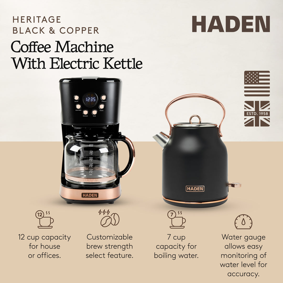 Haden Heritage 1.7 Liter Electric Kettle & 12 Cup Coffee Maker, Black & Copper - VMInnovations