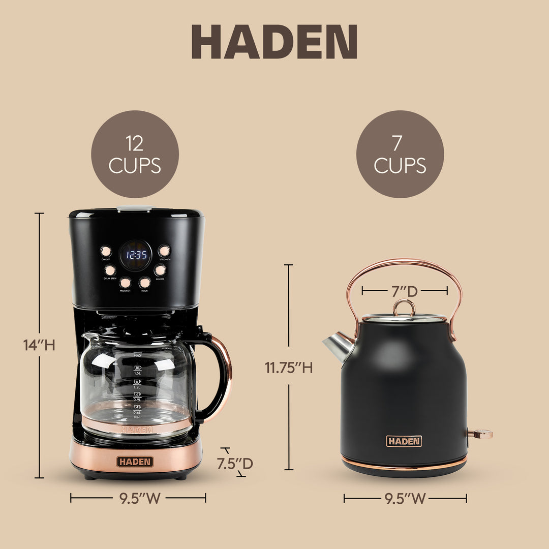 Haden Heritage 1.7 Liter Electric Kettle & 12 Cup Coffee Maker, Black & Copper - VMInnovations