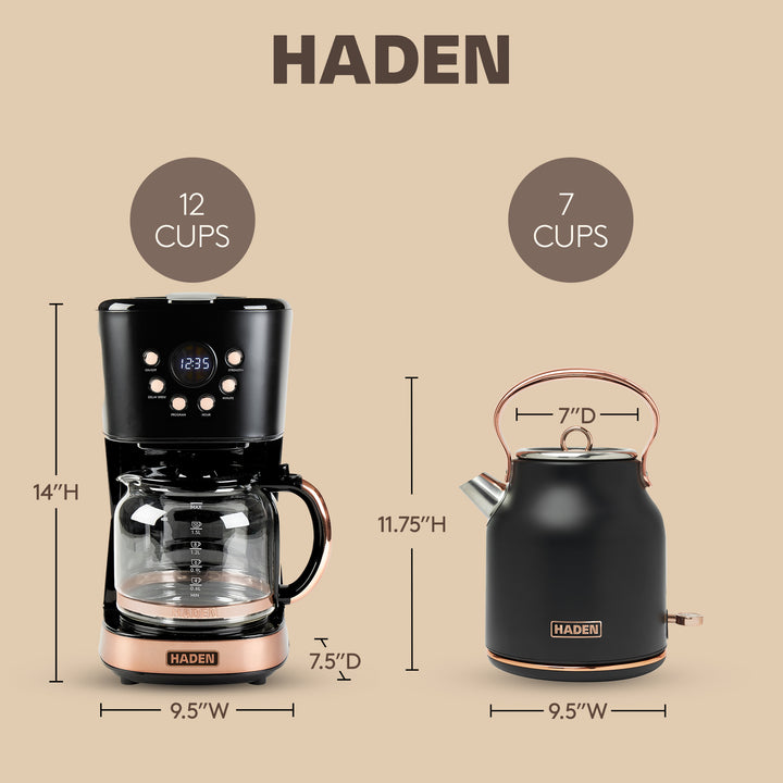 Haden Heritage 1.7 Liter Electric Kettle & 12 Cup Coffee Maker, Black & Copper - VMInnovations
