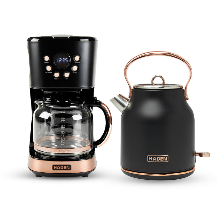 Haden Heritage 1.7 Liter Electric Kettle & 12 Cup Coffee Maker, Black & Copper - VMInnovations