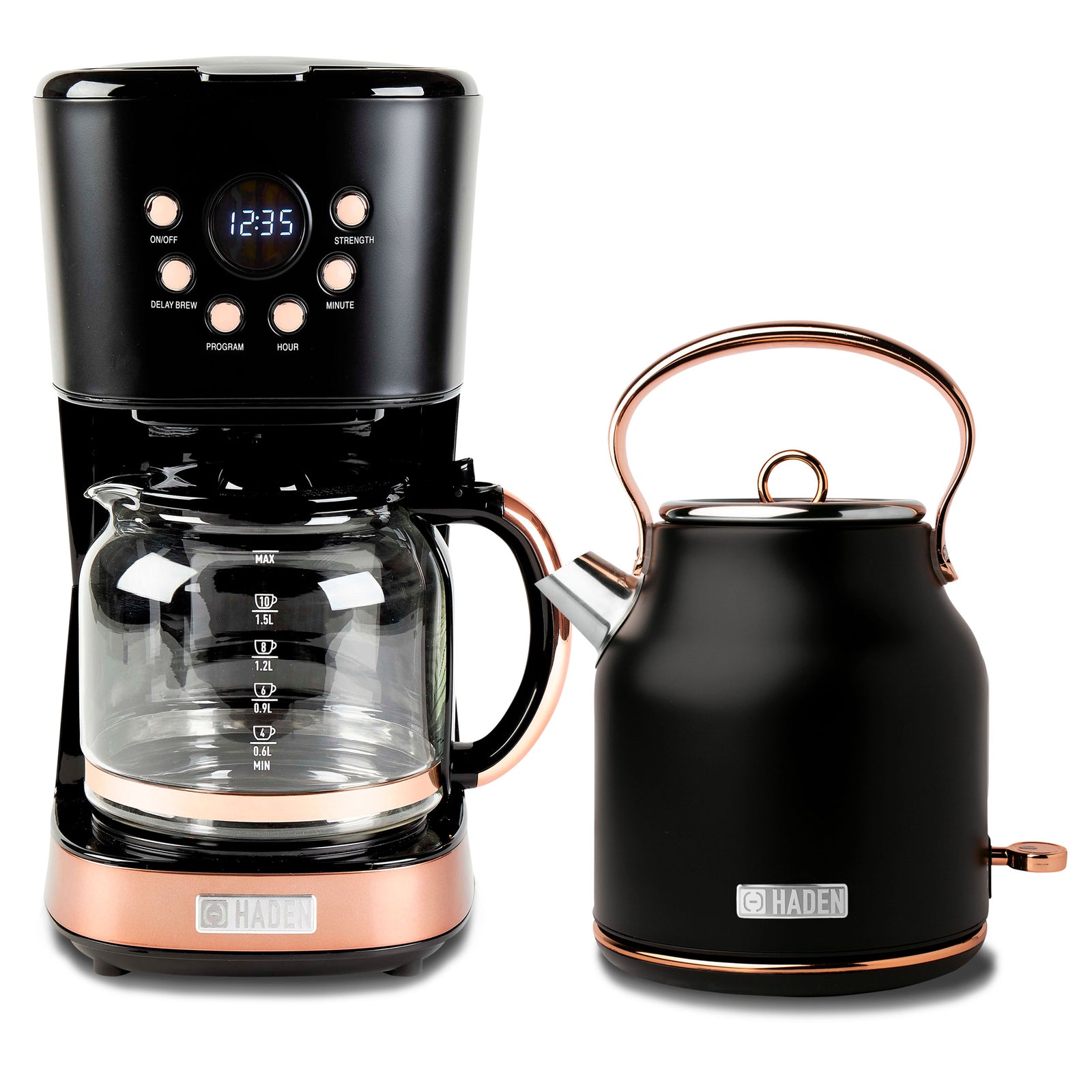 Haden Heritage 1.7 Liter Electric Kettle & 12 Cup Coffee Maker, Black & Copper - VMInnovations
