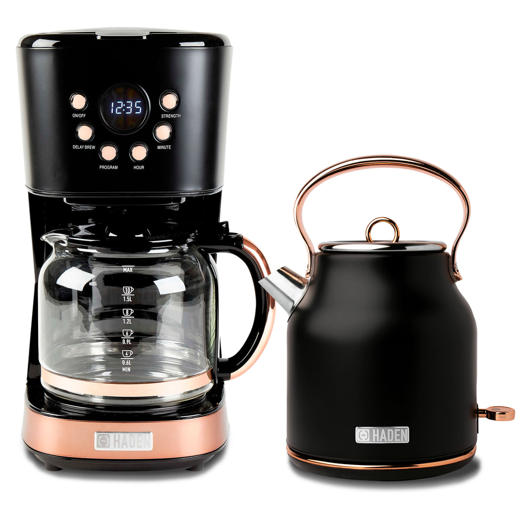 Haden Heritage 1.7 Liter Electric Kettle & 12 Cup Coffee Maker, Black & Copper