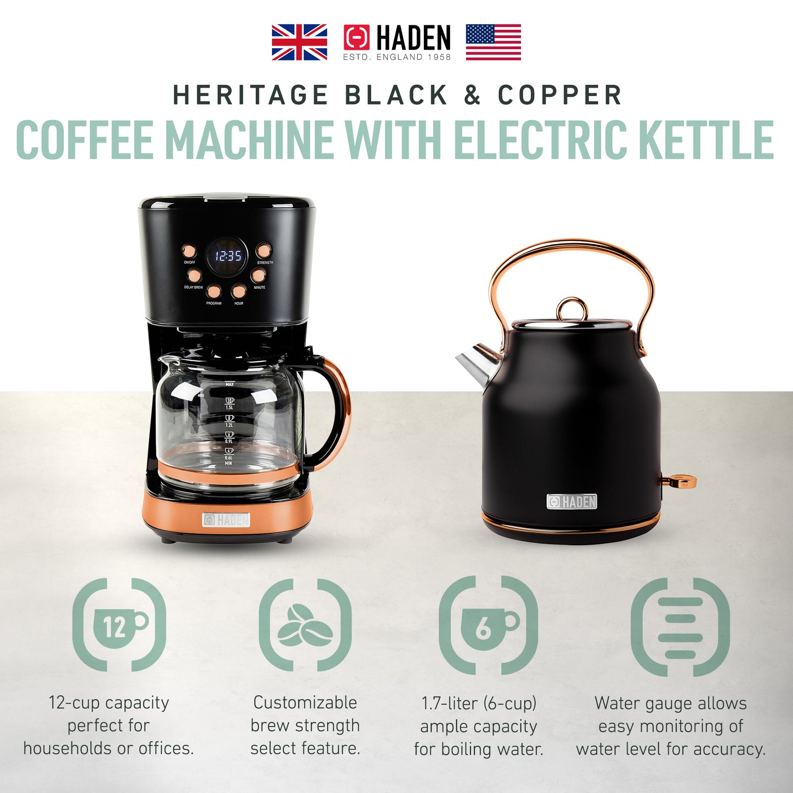 Haden Heritage 1.7 Liter Electric Kettle & 12 Cup Coffee Maker, Black & Copper - VMInnovations