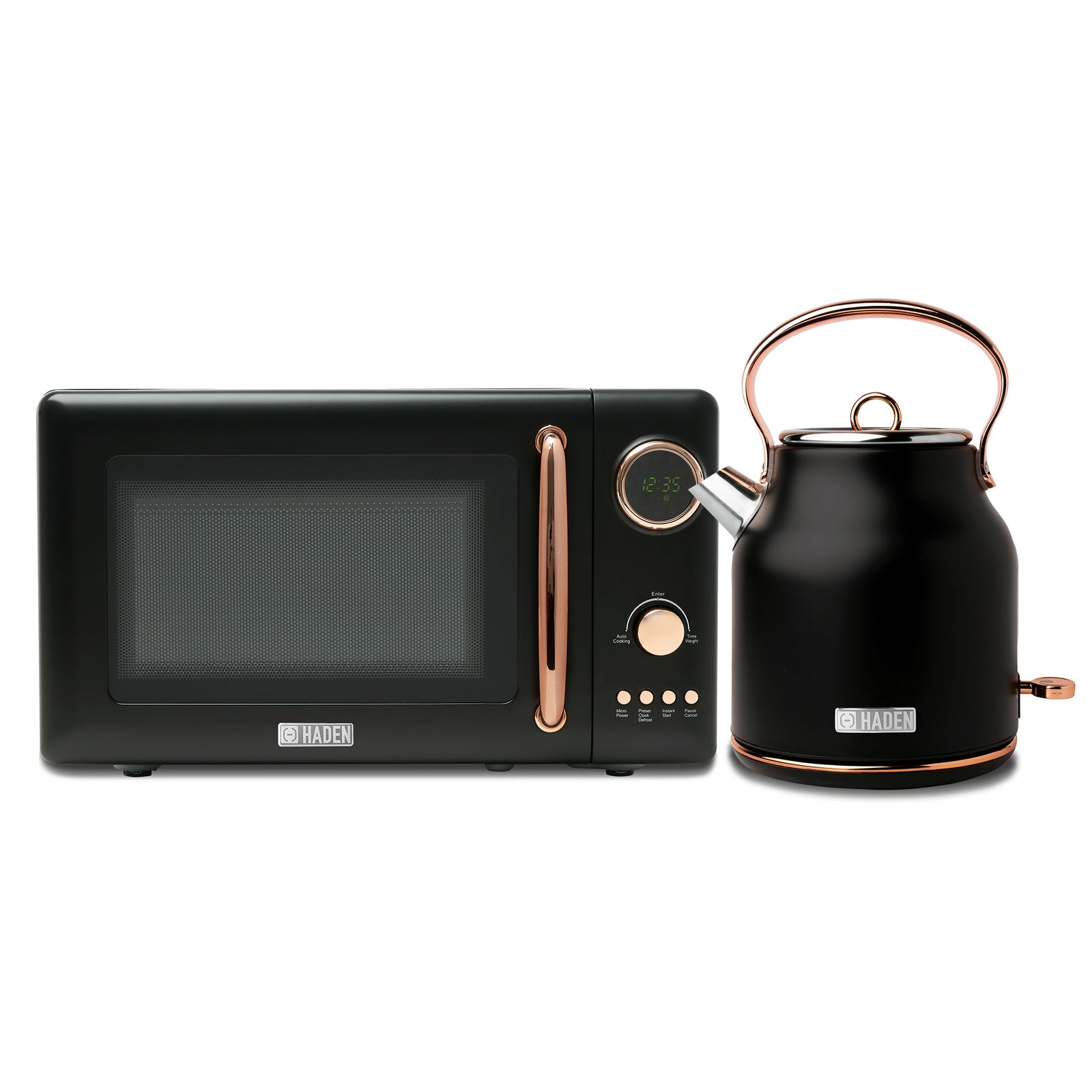 Haden Heritage 1.7L Electric Water Kettle & Compact Microwave, Black & Copper - VMInnovations