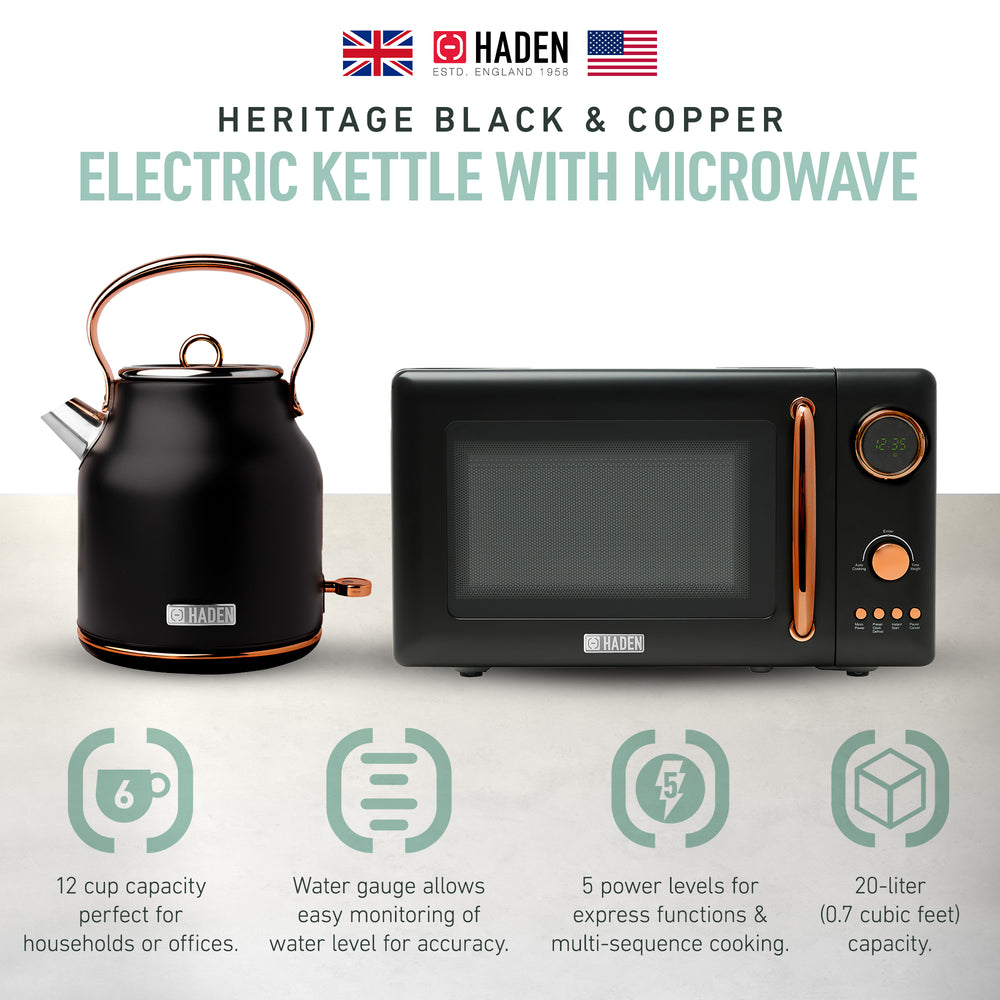 Haden Heritage 1.7L Electric Water Kettle & Compact Microwave, Black & Copper - VMInnovations