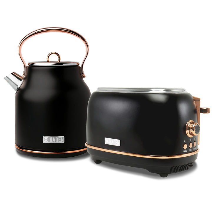 Haden Heritage Electric Water Kettle & 2 Slice Wide Slot Toaster, Black & Copper