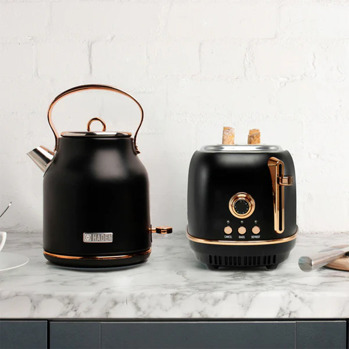 Haden Heritage Electric Water Kettle & 2 Slice Wide Slot Toaster, Black & Copper