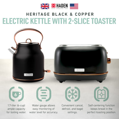 Haden Heritage Electric Water Kettle & 2 Slice Wide Slot Toaster, Black & Copper