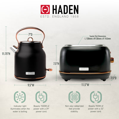 Haden Heritage Electric Water Kettle & 2 Slice Wide Slot Toaster, Black & Copper