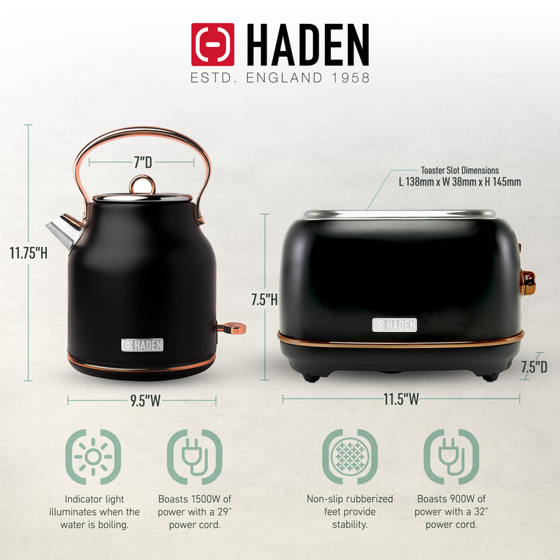 Haden Heritage Electric Water Kettle & 2 Slice Wide Slot Toaster, Black & Copper