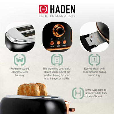 Haden Heritage Electric Water Kettle & 2 Slice Wide Slot Toaster, Black & Copper