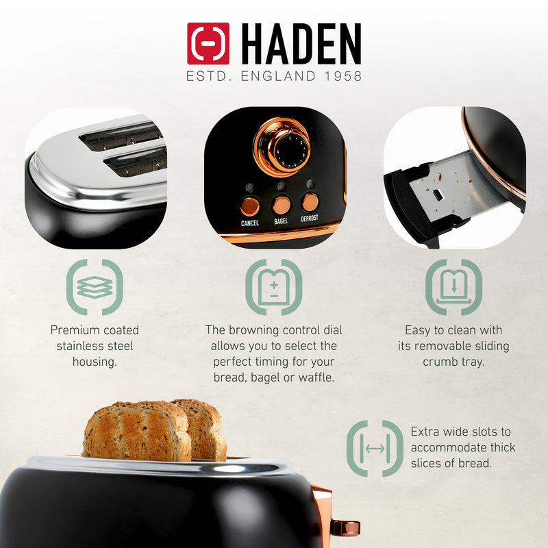 Haden Heritage Electric Water Kettle & 2 Slice Wide Slot Toaster, Black & Copper