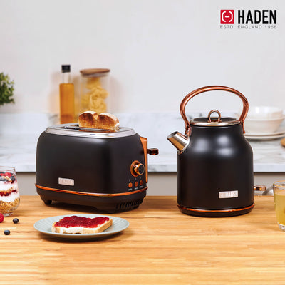 Haden Heritage Electric Water Kettle & 2 Slice Wide Slot Toaster, Black & Copper