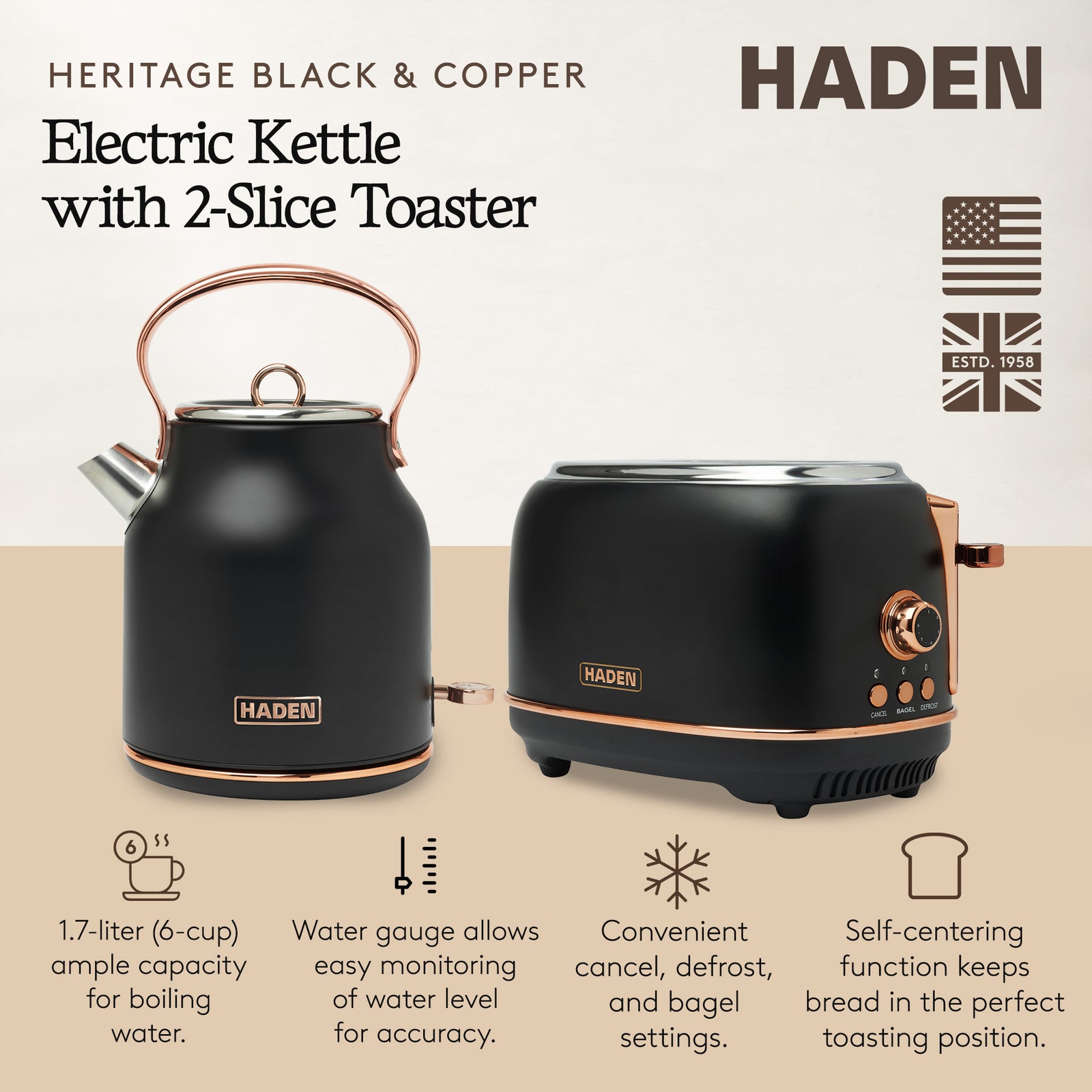 Haden Heritage Electric Water Kettle & 2 Slice Wide Slot Toaster, Black & Copper - VMInnovations
