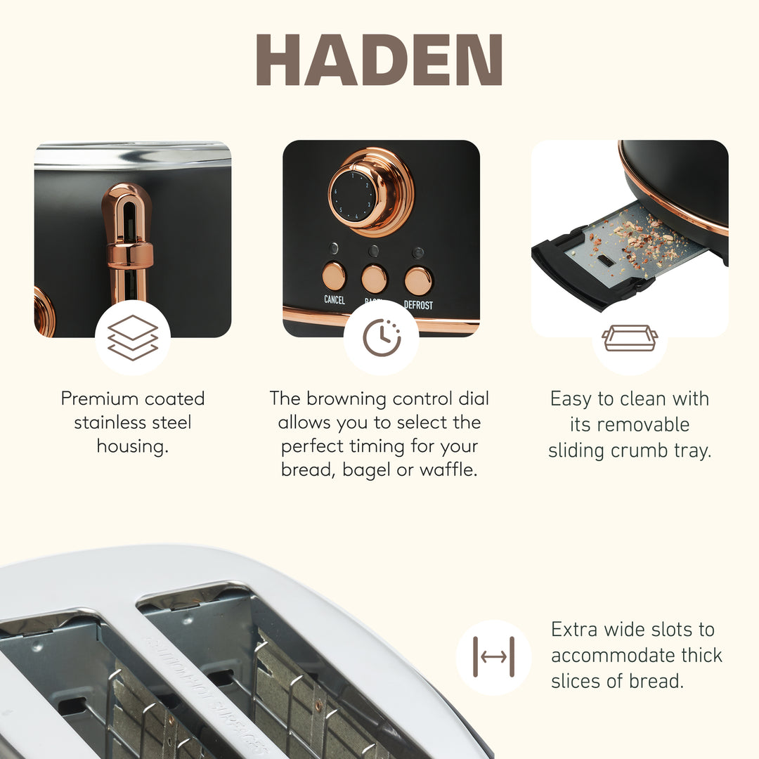 Haden Heritage Electric Water Kettle & 2 Slice Wide Slot Toaster, Black & Copper - VMInnovations