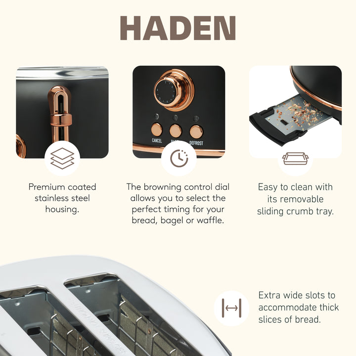 Haden Heritage Electric Water Kettle & 2 Slice Wide Slot Toaster, Black & Copper - VMInnovations