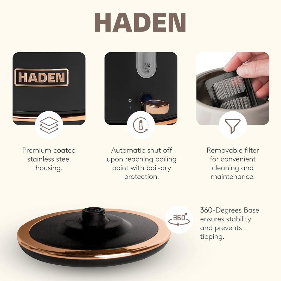 Haden Heritage Electric Water Kettle & 2 Slice Wide Slot Toaster, Black & Copper - VMInnovations