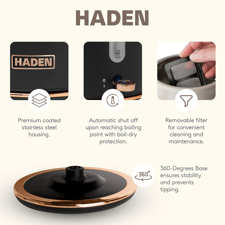 Haden Heritage Electric Water Kettle & 2 Slice Wide Slot Toaster, Black & Copper - VMInnovations
