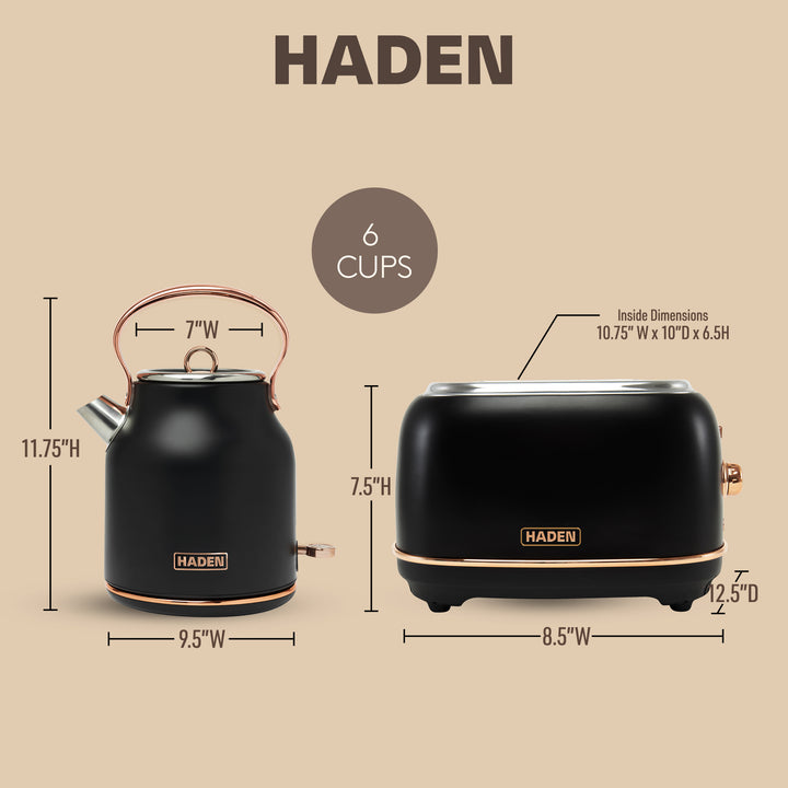 Haden Heritage Electric Water Kettle & 2 Slice Wide Slot Toaster, Black & Copper - VMInnovations