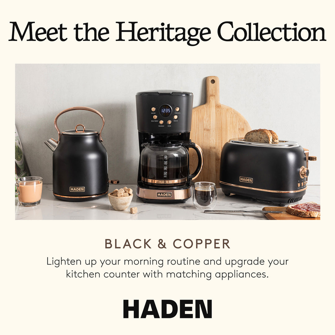 Haden Heritage Electric Water Kettle & 2 Slice Wide Slot Toaster, Black & Copper - VMInnovations