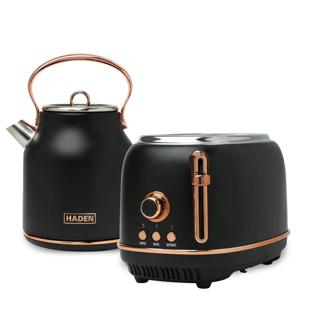 Haden Heritage Electric Water Kettle & 2 Slice Wide Slot Toaster, Black & Copper - VMInnovations
