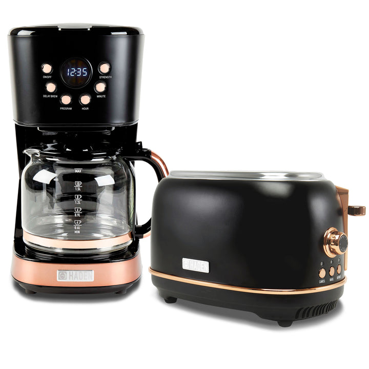 Haden Heritage 2 Slice Wide Slot Toaster & 12 Cup Coffee Maker, Black & Copper