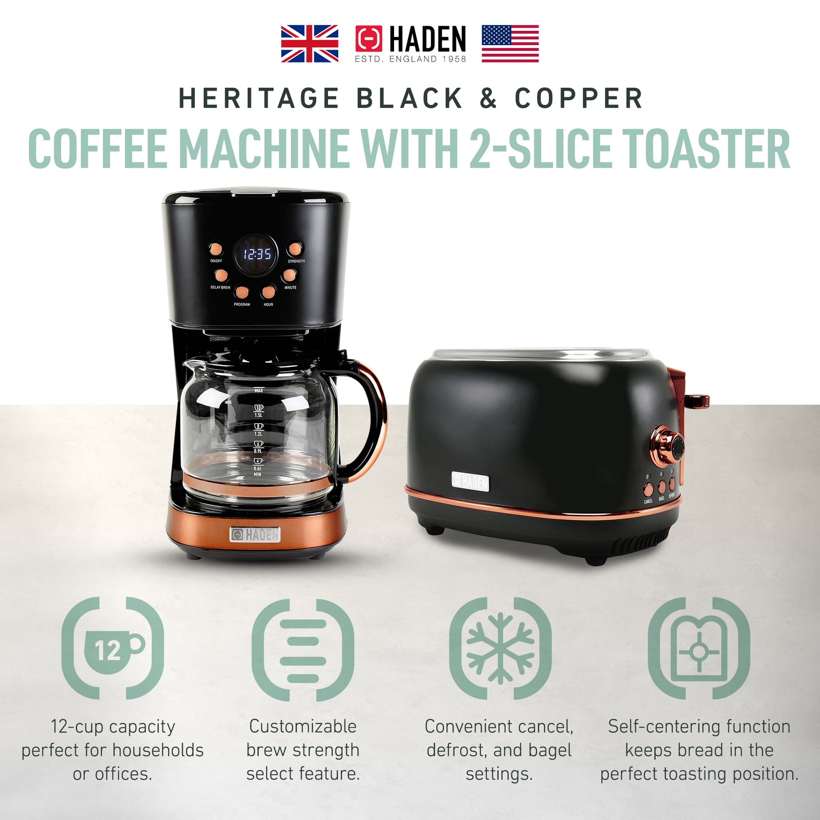 Haden Heritage 2 Slice Wide Slot Toaster & 12 Cup Coffee Maker, Black & Copper - VMInnovations