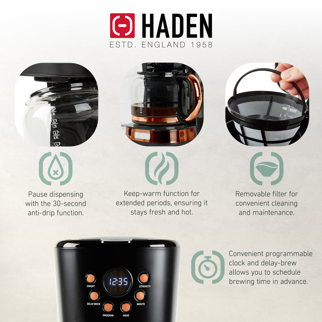 Haden Heritage 2 Slice Wide Slot Toaster & 12 Cup Coffee Maker, Black & Copper