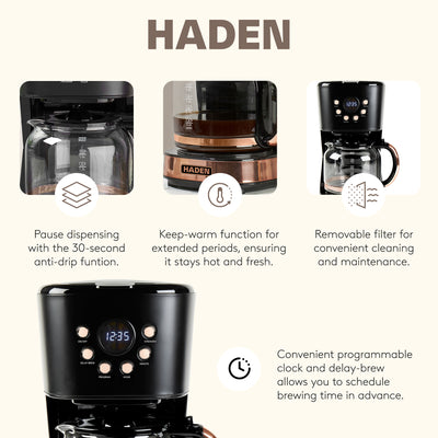 Haden Heritage 2 Slice Wide Slot Toaster & 12 Cup Coffee Maker, Black & Copper