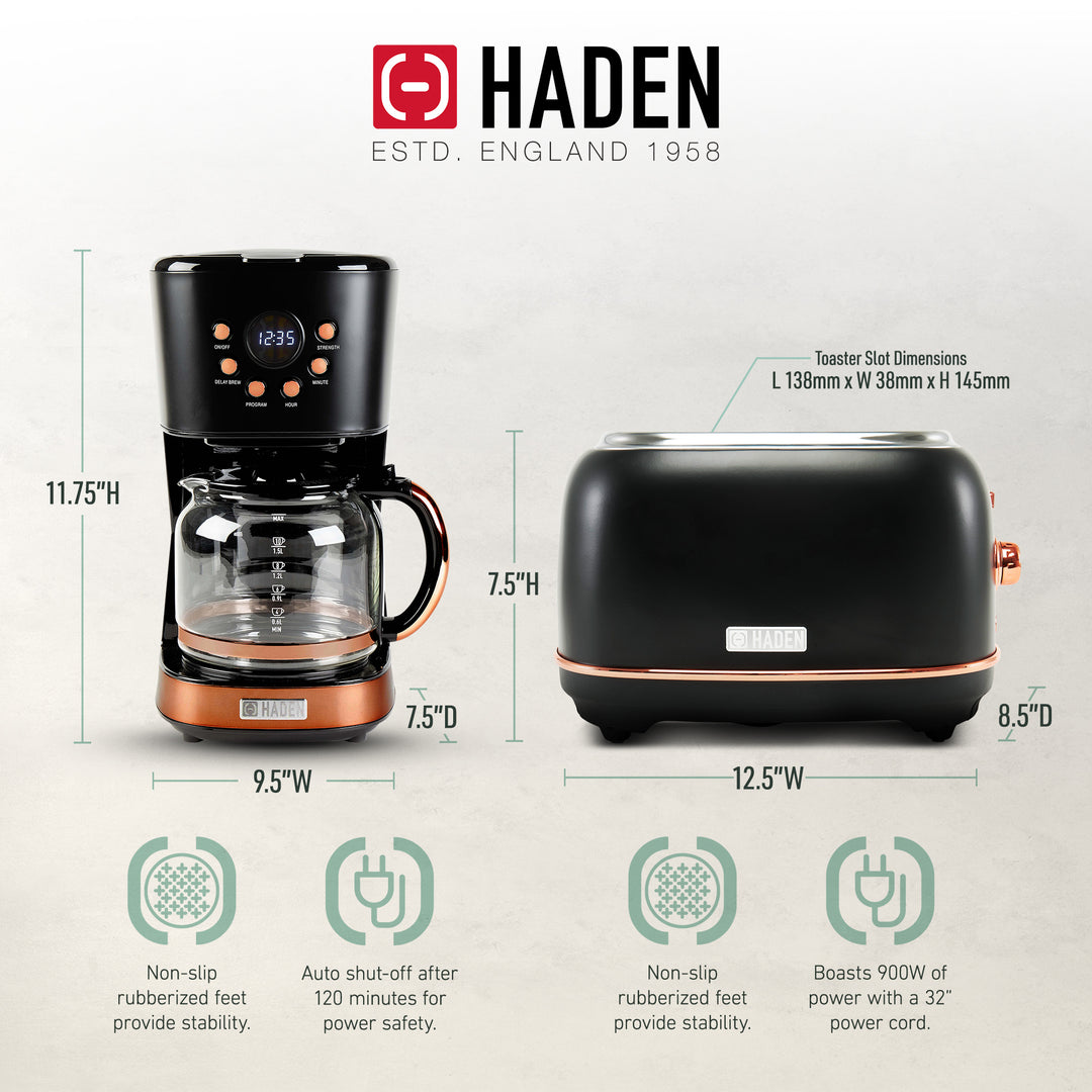 Haden Heritage 2 Slice Wide Slot Toaster & 12 Cup Coffee Maker, Black & Copper