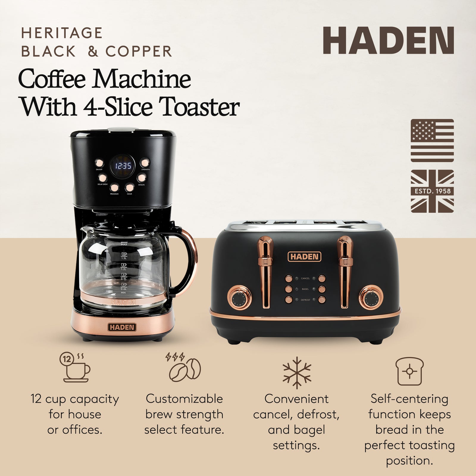 Haden Heritage 4 Slice Wide Slot Toaster & 12 Cup Coffee Maker, Black & Copper - VMInnovations