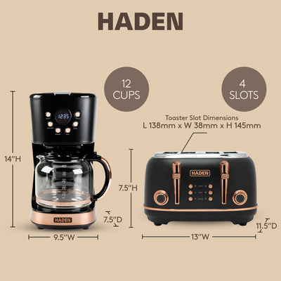 Haden Heritage 4 Slice Wide Slot Toaster & 12 Cup Coffee Maker, Black & Copper - VMInnovations