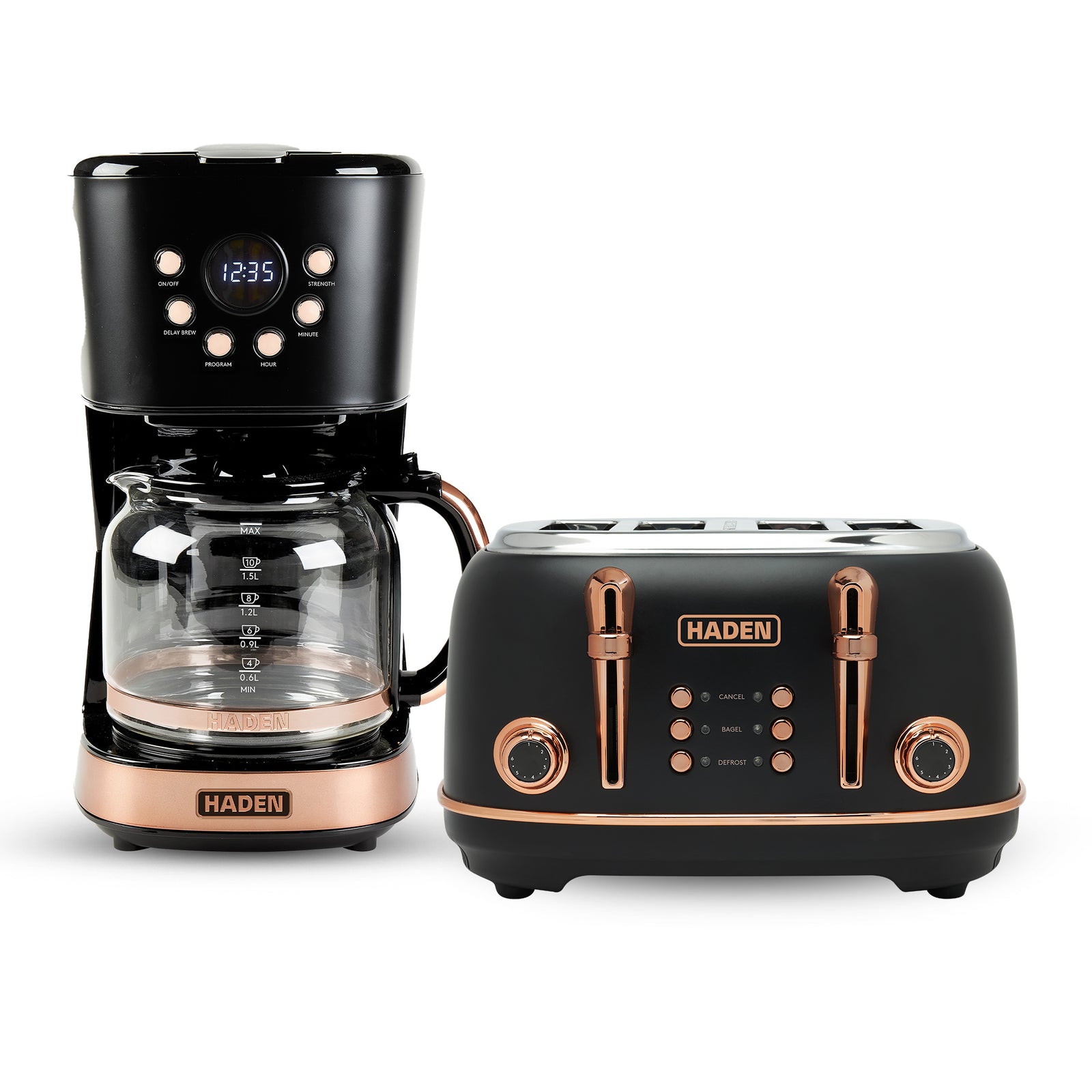 Haden Heritage 4 Slice Wide Slot Toaster & 12 Cup Coffee Maker, Black & Copper - VMInnovations