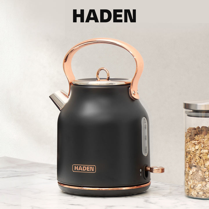 Haden Heritage Electric Water Kettle & 2 Slice Wide Slot Toaster, Black & Copper - VMInnovations