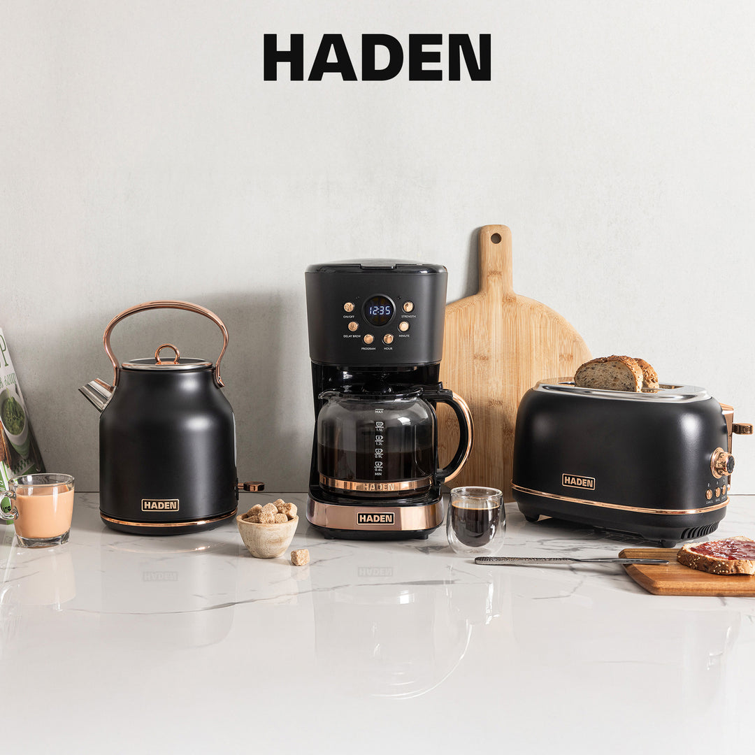 Haden Heritage Electric Water Kettle & 2 Slice Wide Slot Toaster, Black & Copper - VMInnovations