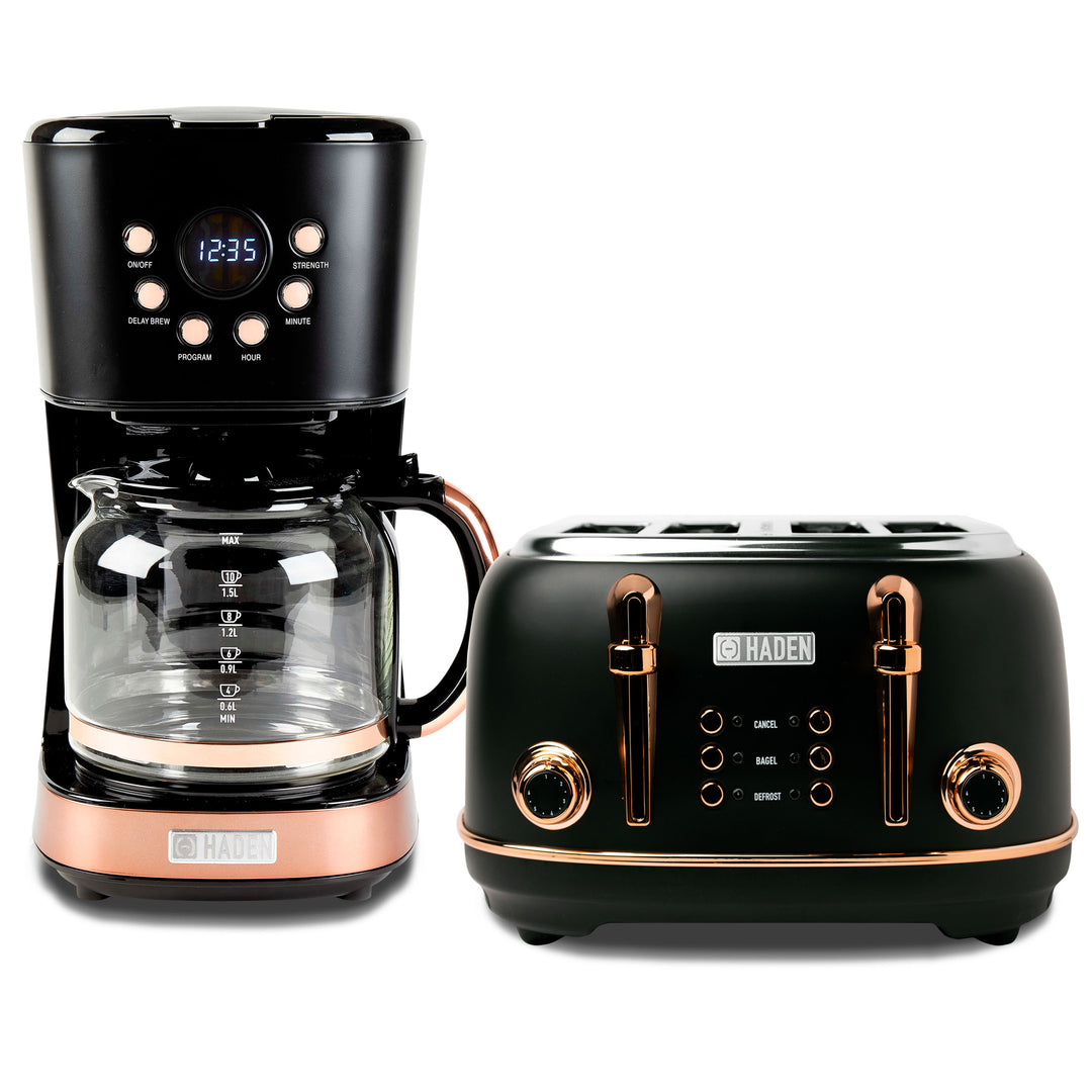 Haden Heritage 4 Slice Wide Slot Toaster & 12 Cup Coffee Maker, Black & Copper