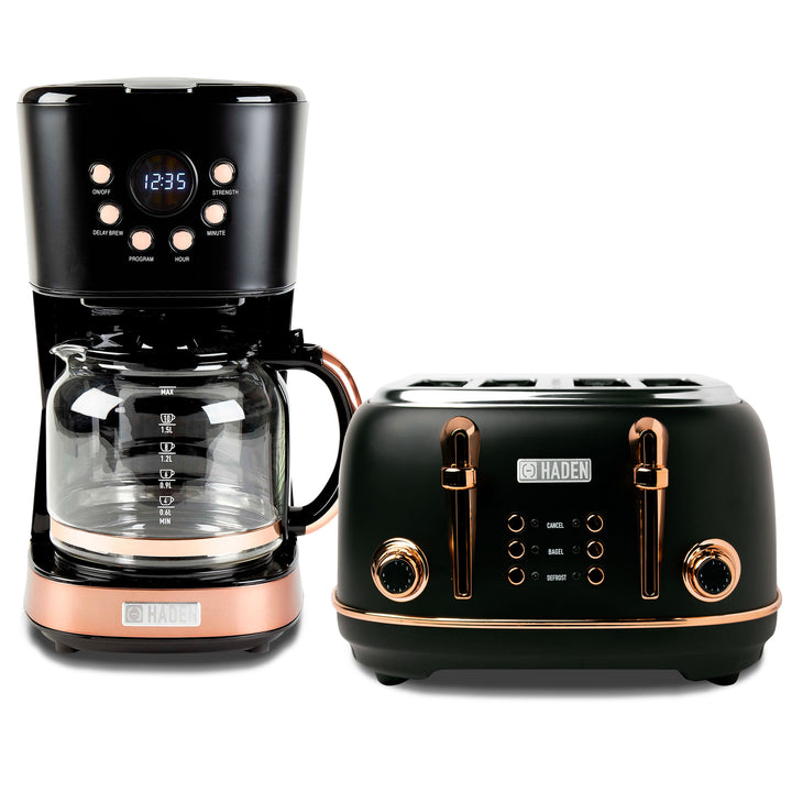 Haden Heritage 4 Slice Wide Slot Toaster & 12 Cup Coffee Maker, Black & Copper