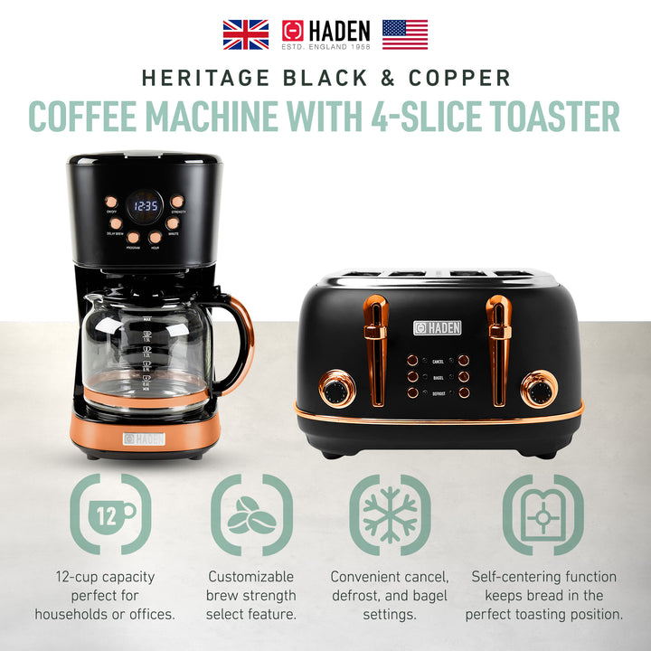 Haden Heritage 4 Slice Wide Slot Toaster & 12 Cup Coffee Maker, Black & Copper