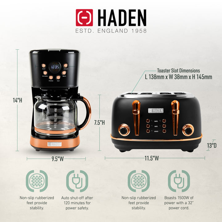 Haden Heritage 4 Slice Wide Slot Toaster & 12 Cup Coffee Maker, Black & Copper