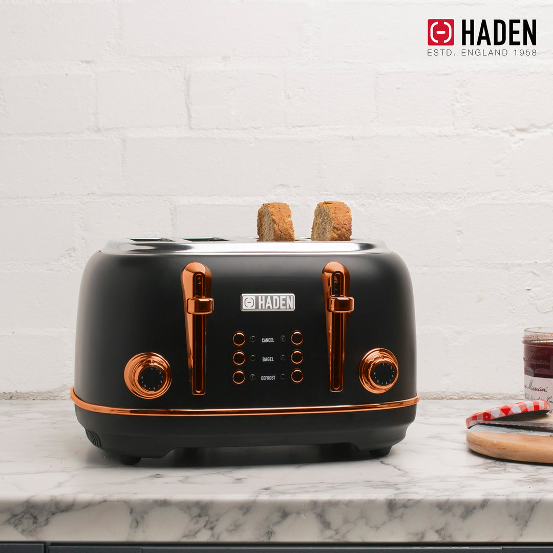 Haden Heritage 4 Slice Wide Slot Toaster & 12 Cup Coffee Maker, Black & Copper