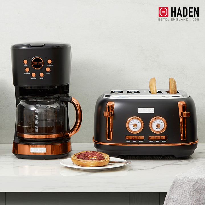 Haden Heritage 4 Slice Wide Slot Toaster & 12 Cup Coffee Maker, Black & Copper