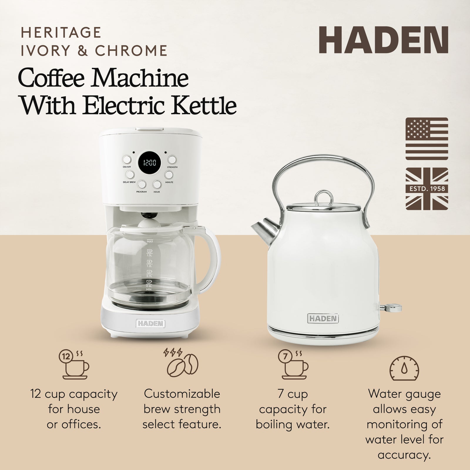 Haden 12 Cup Coffee Maker & Heritage 1.7 Liter Electric Kettle, Ivory & Chrome - VMInnovations