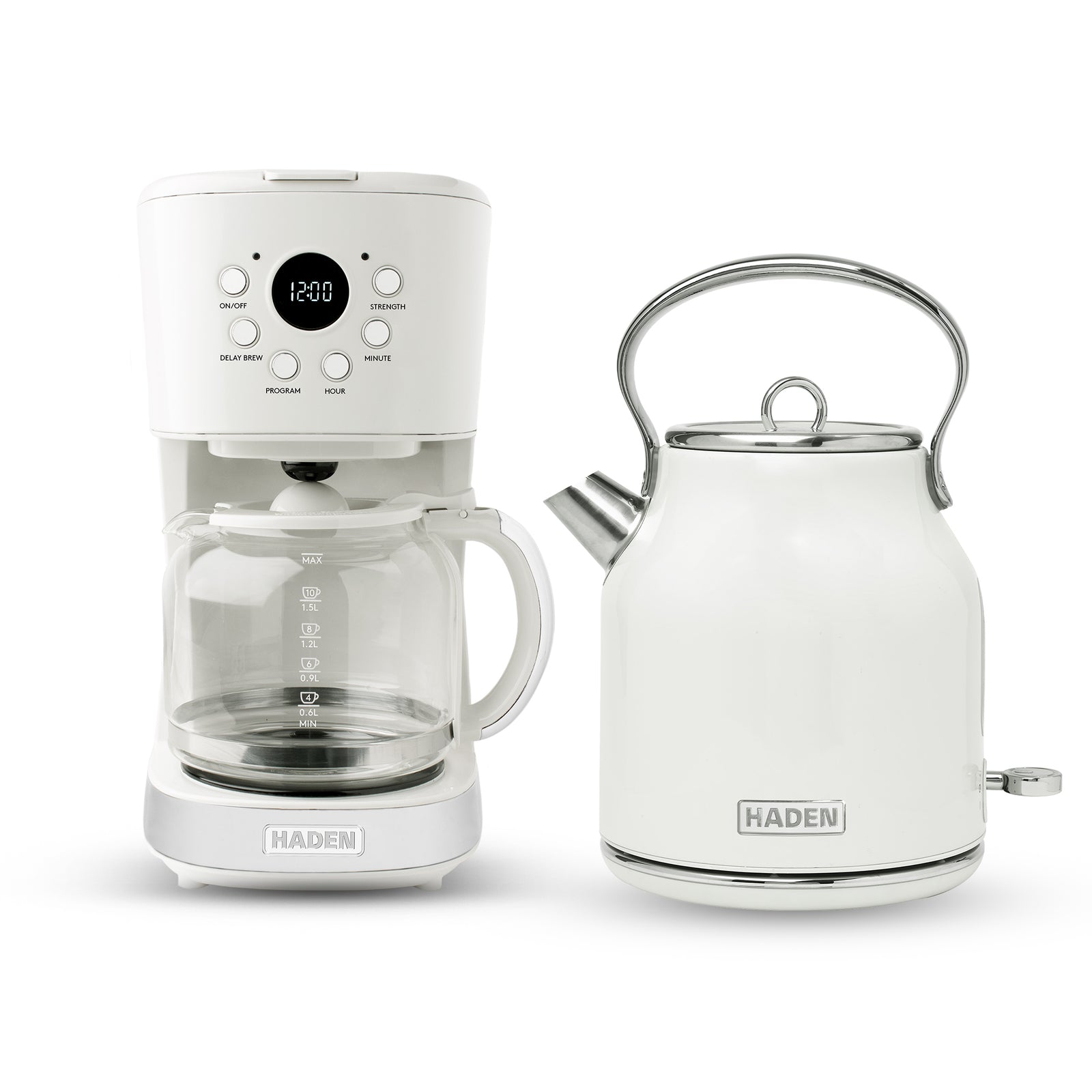 Haden 12 Cup Coffee Maker & Heritage 1.7 Liter Electric Kettle, Ivory & Chrome - VMInnovations