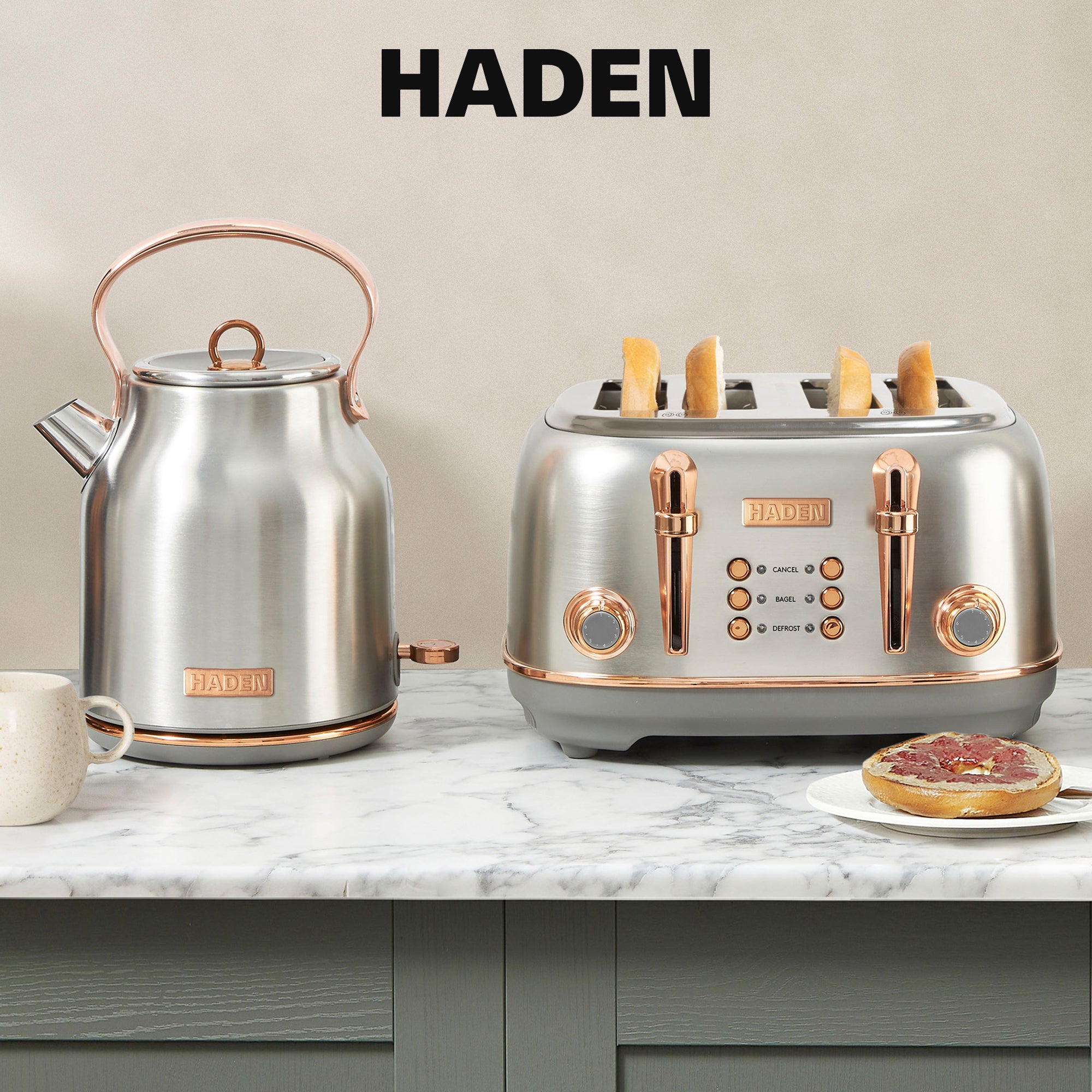 Haden Heritage 2 Slice Wide Slot Toaster & Electric Water Kettle, Steel & Copper