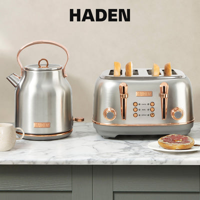 Haden Heritage 2 Slice Wide Slot Toaster & Electric Water Kettle, Steel & Copper