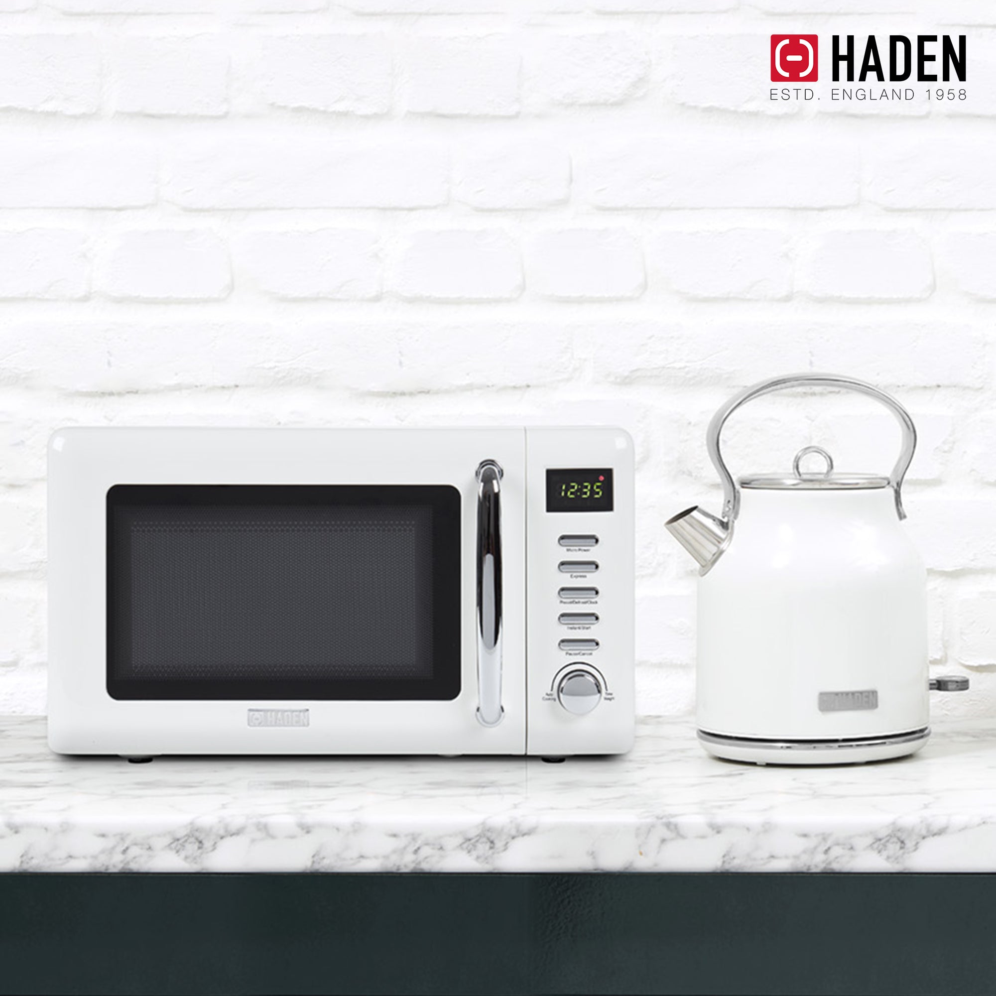 Haden Heritage Compact Microwave & 1.7L Electric Water Kettle, Ivory & Chrome - VMInnovations